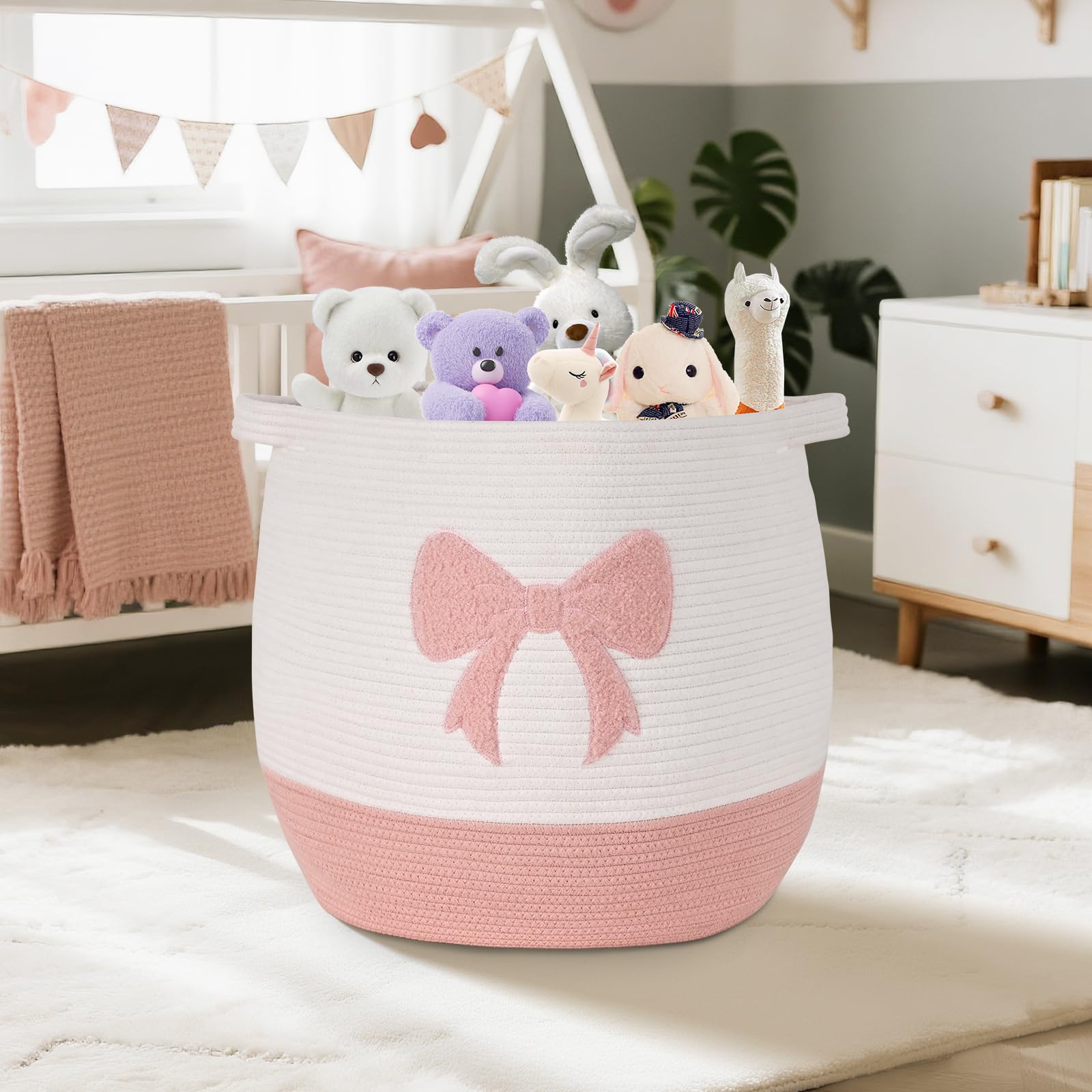 Degeyoyo pink cotton rope basket in a tidy bedroom setting for storage
