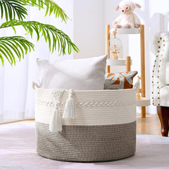 Degeyoyo blanket basket with blankets in a living room scene for storage