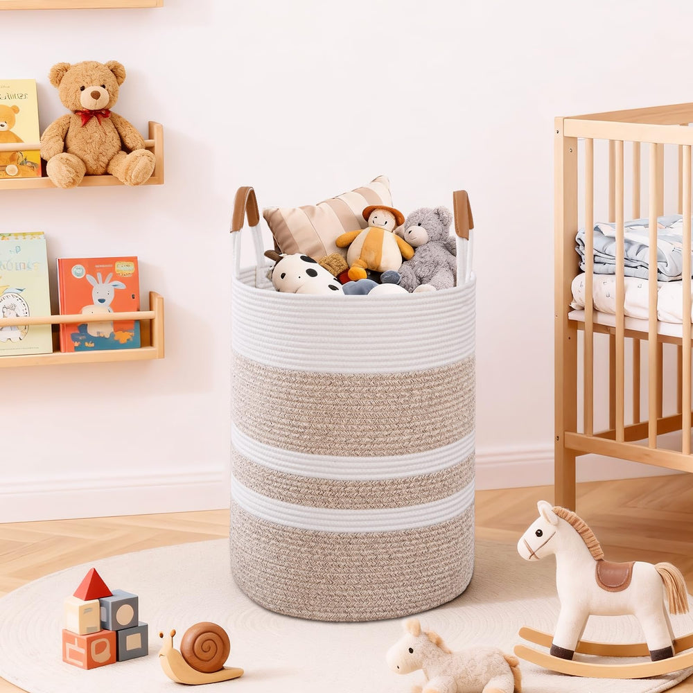 Degeyoyo blanket storage basket keeps towels and linens neat.