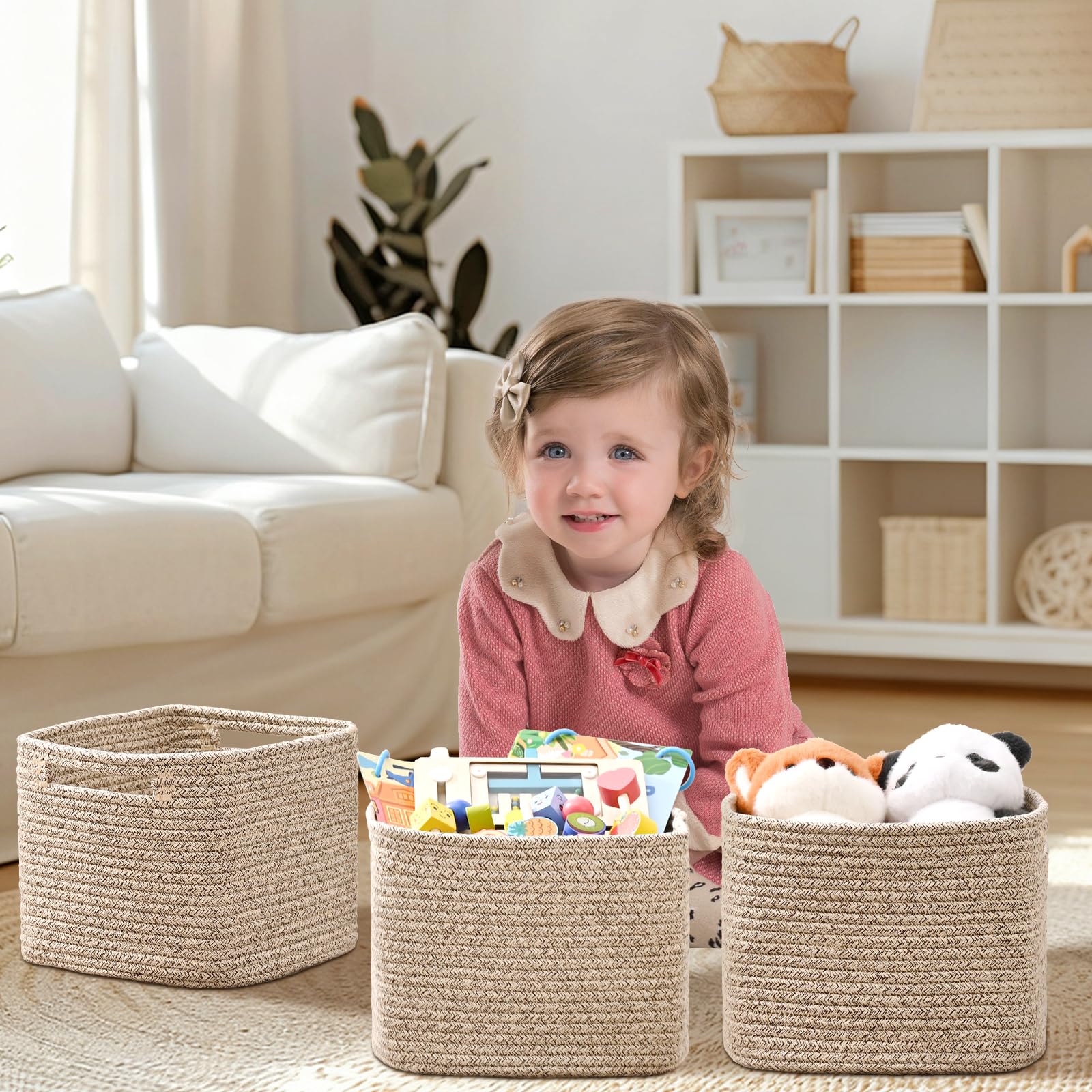 Degeyoyo cotton rope bin with nursery toys keeps play area tidy.