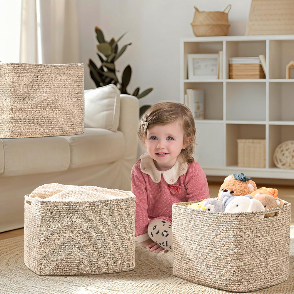 Degeyoyo cube storage bin 3-pack with double-stitched handles for easy carrying.