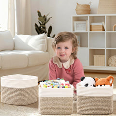 Degeyoyo cube storage bin in jute adds warm texture for clothes and towels.