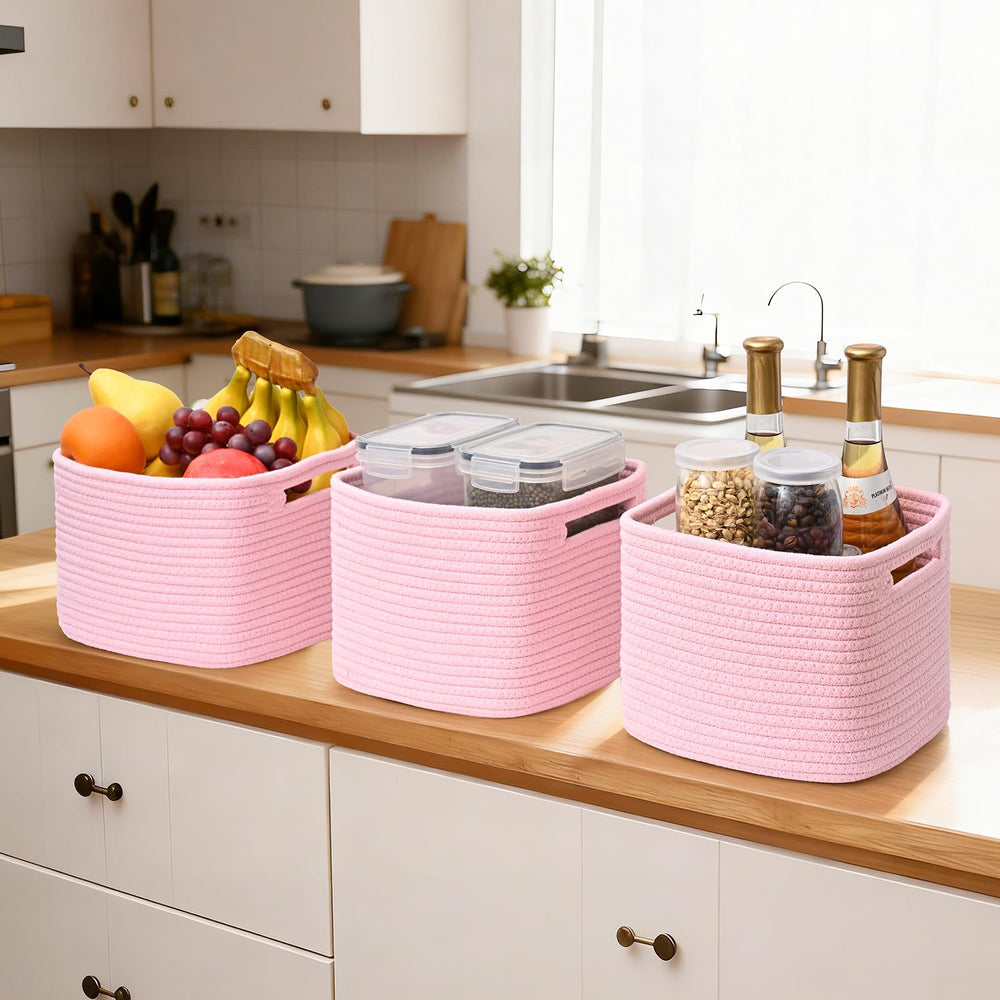 Degeyoyo pink cube storage bin folded flat for compact storage when empty.