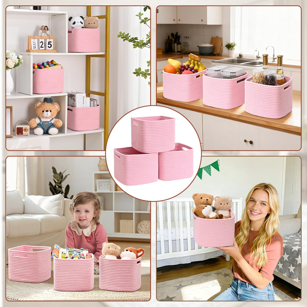Degeyoyo pink cube storage bin on a shelf enhancing decor while storing snacks.