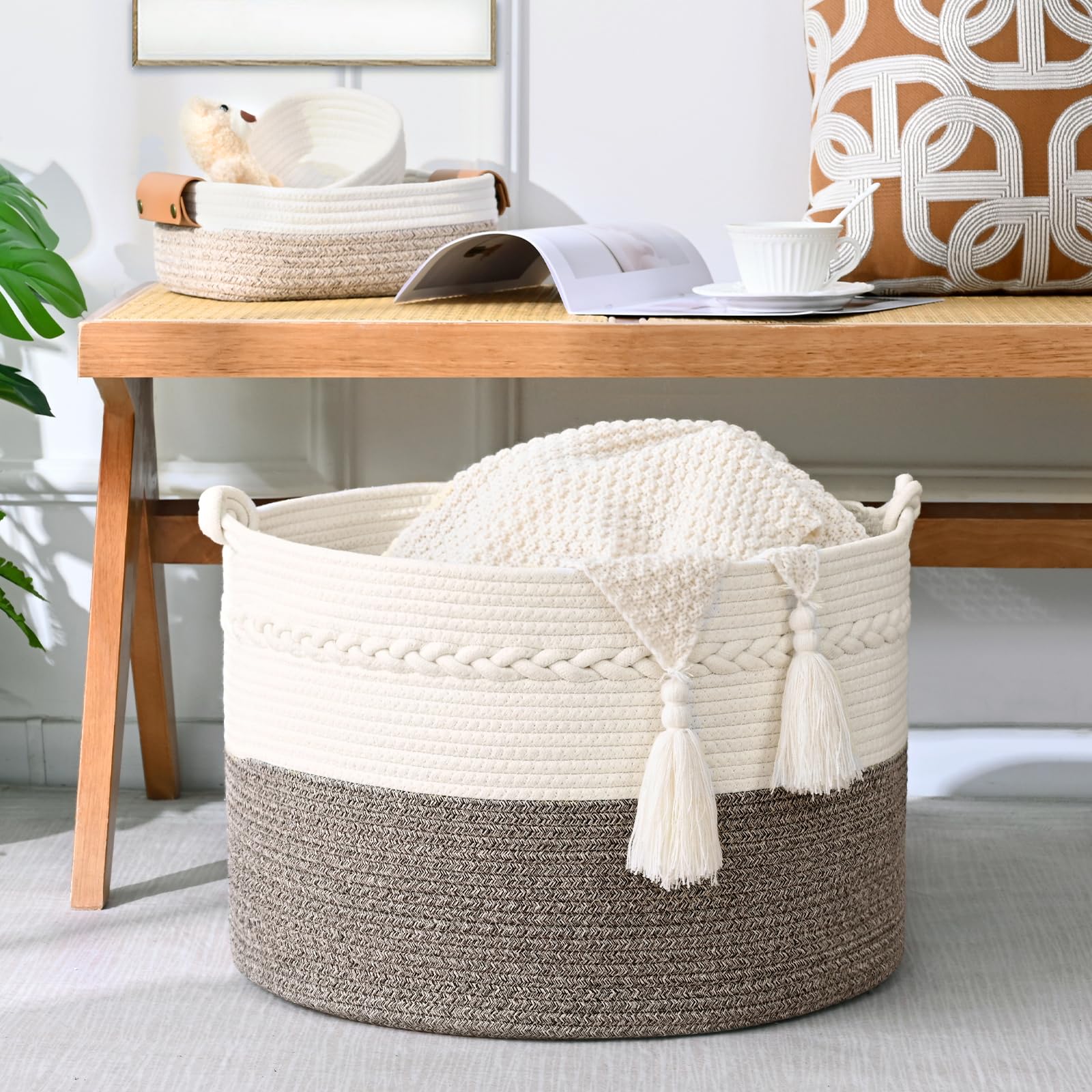Degeyoyo neutral-toned round basket complements nursery or bathroom decor
