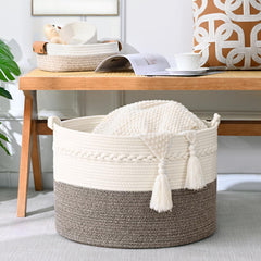 Degeyoyo neutral-toned round basket complements nursery or bathroom decor