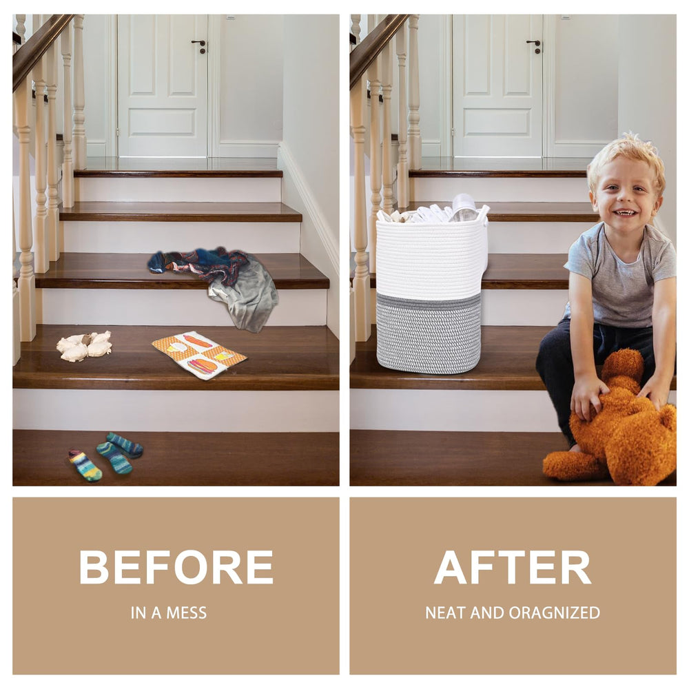 Degeyoyo stair basket holds toys and books to tidy stairs