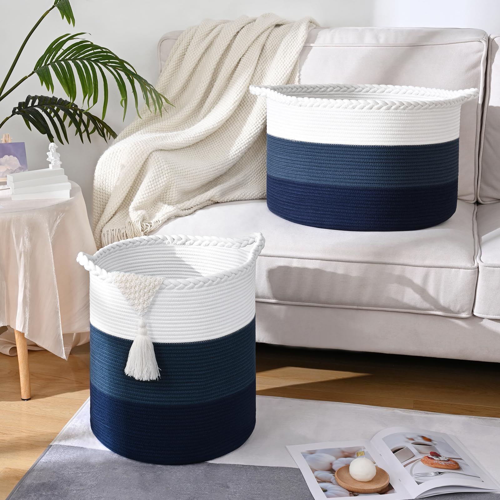 Degeyoyo tall cotton rope basket in a living room showcasing soft texture.