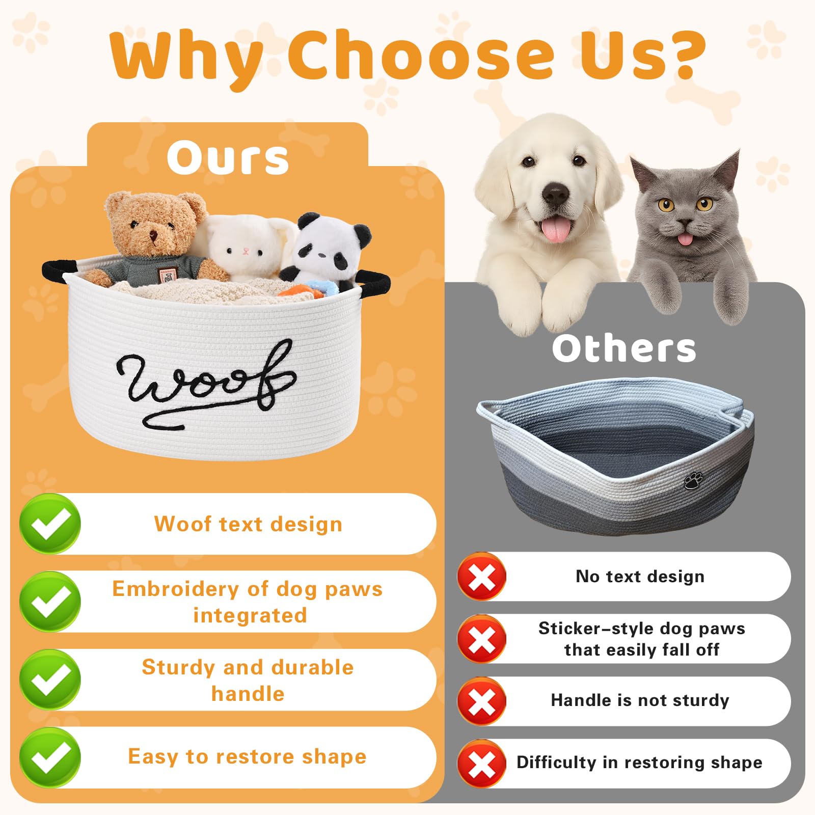 Degeyoyo Woof dog toy basket 30L capacity keeps toys and blankets neatly stored.