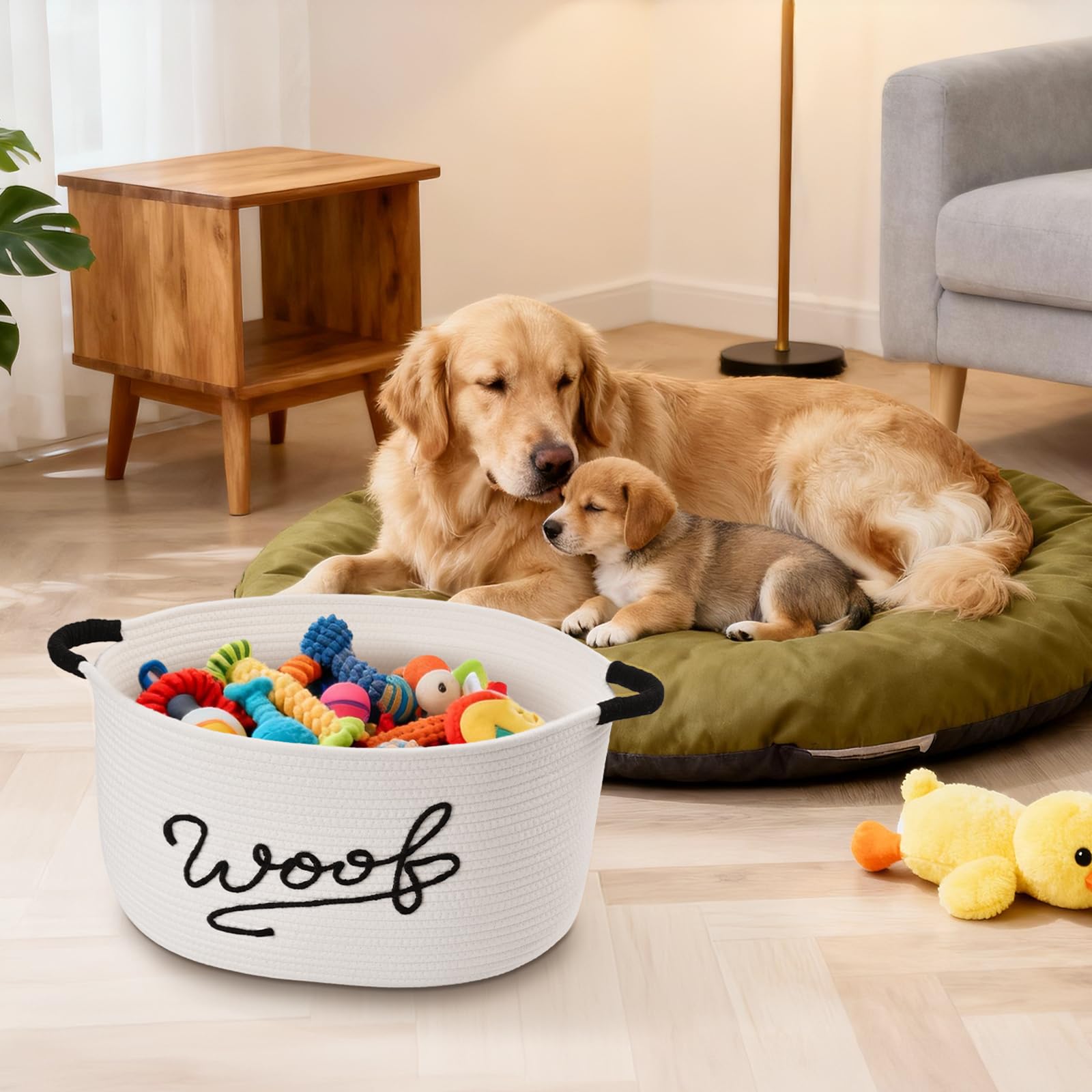 Degeyoyo Woof dog toy basket folds flat for easy storage and transport.