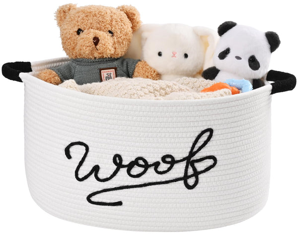 Degeyoyo Woof dog toy basket handwoven woof text design enhances room decor.