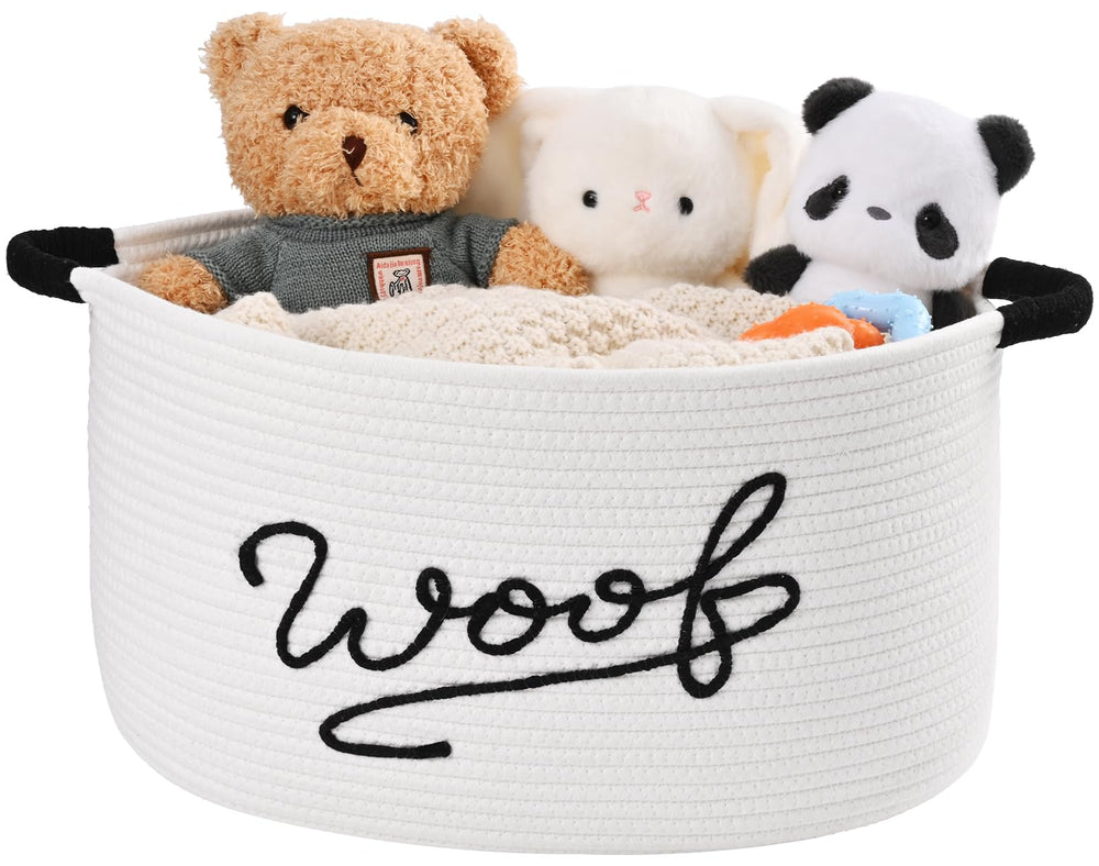Degeyoyo Woof dog toy basket handwoven woof text design enhances room decor.