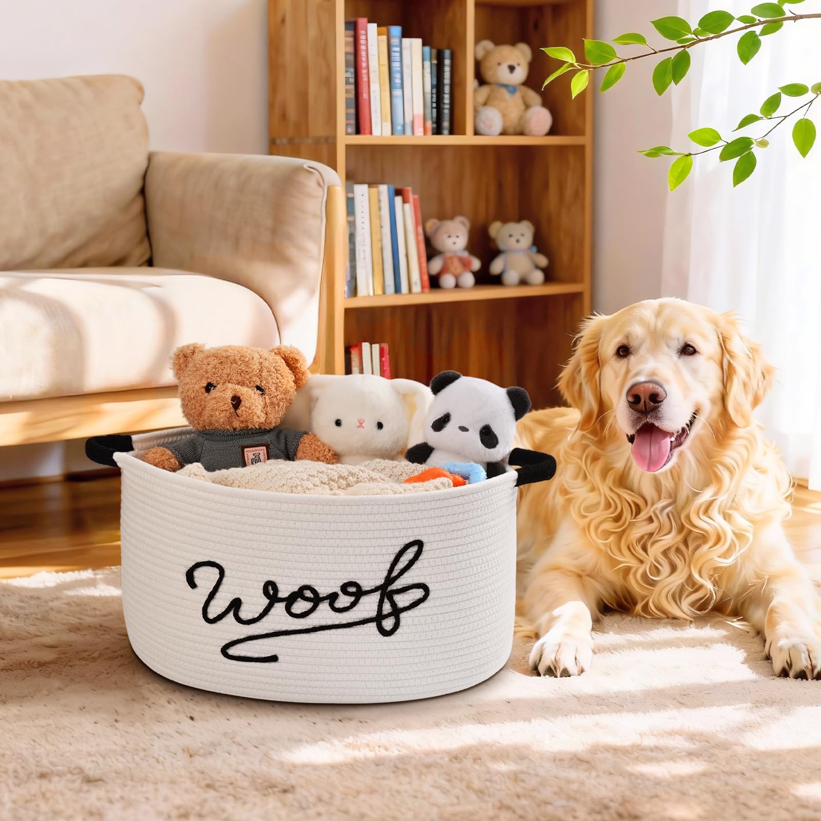 Degeyoyo Woof dog toy basket paw prints embroidery stays securely attached while organizing.