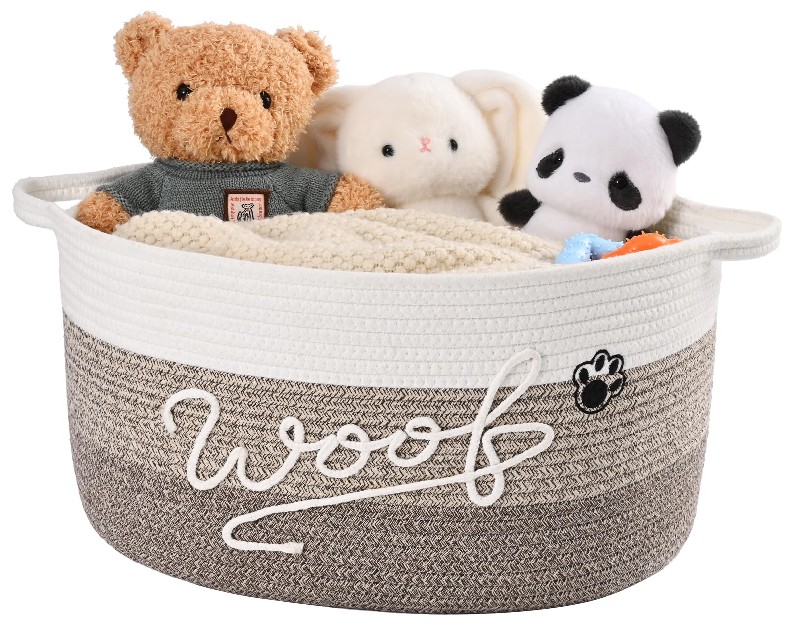 Degeyoyo Woof woven basket showing the WOOF text design for stylish toy storage.