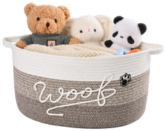 Degeyoyo Woof woven basket showing the WOOF text design for stylish toy storage.