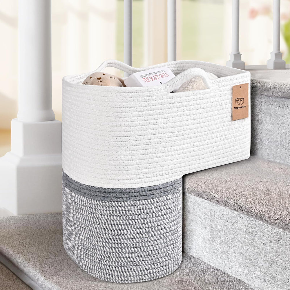 Degeyoyo woven stair basket on stairs with ample capacity for toys and books