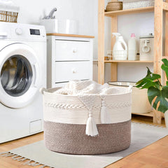 Degeyoyo woven storage basket with handle in a modern living room