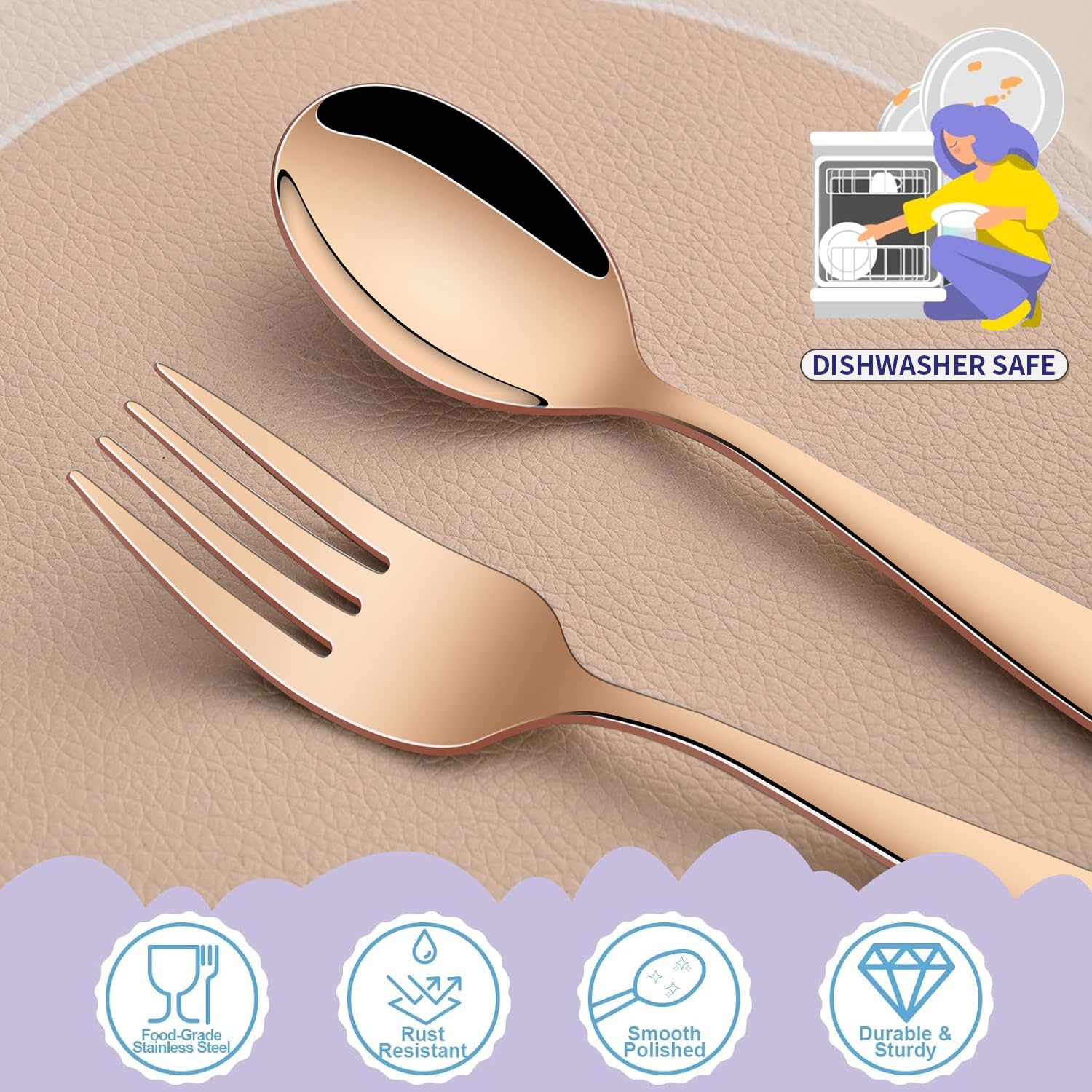 Dehov animal-pattern engraving on kids utensils close-up.