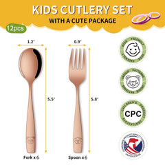 Dehov rose gold toddler forks close-up, kid-friendly design.