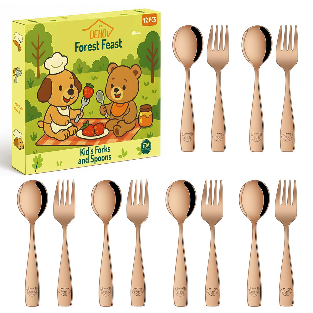 Dehov rose gold toddler spoons close-up for safe, easy feeding.