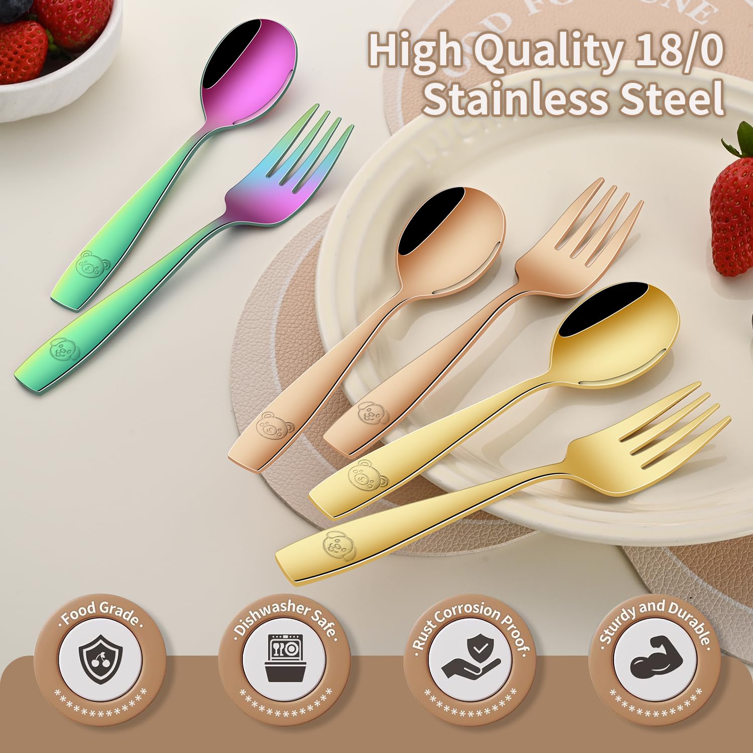 Dehov utensils with animal patterns on spoons promote fun mealtimes