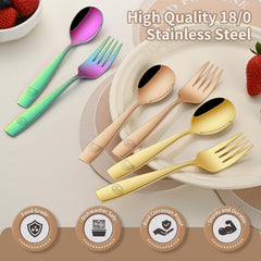 Dehov utensils with animal patterns on spoons promote fun mealtimes
