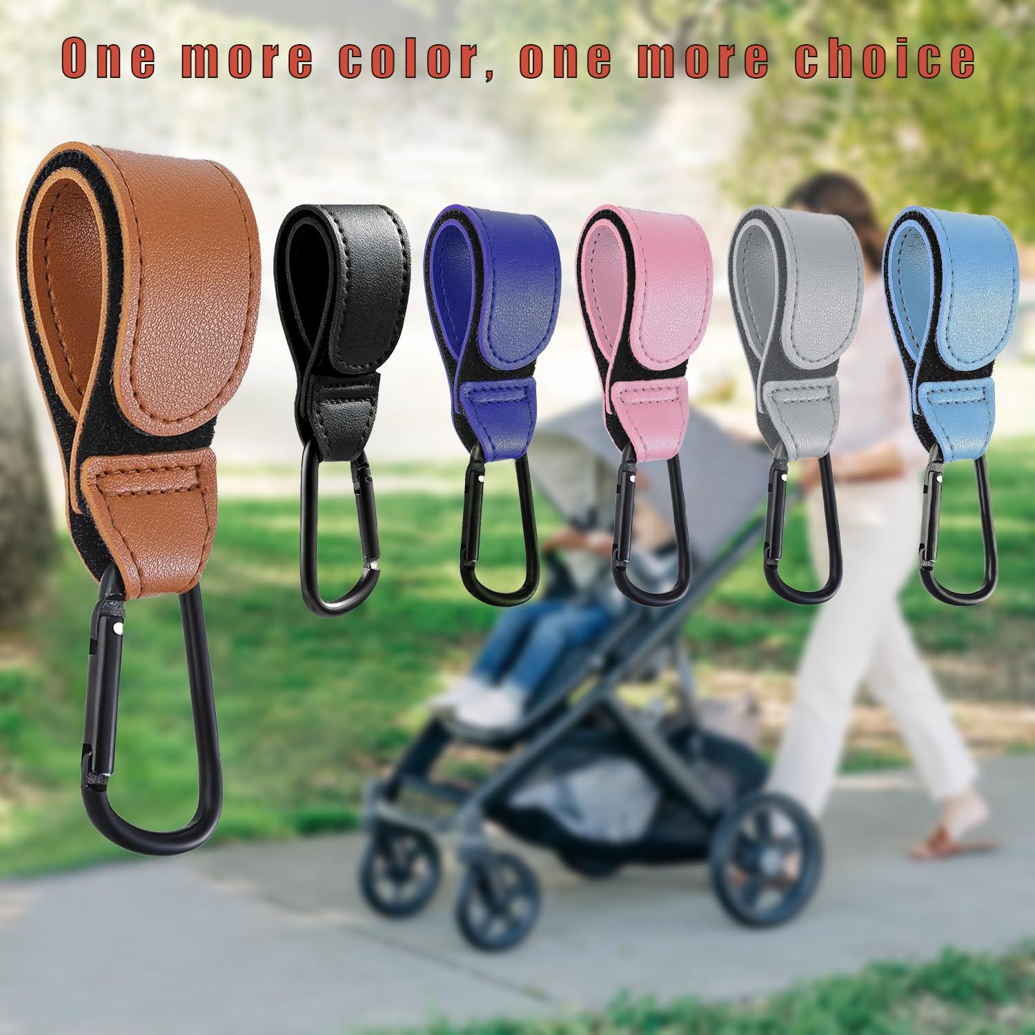 DEIHAALEN leather stroller hook closeup showing secure wrap around handle.
