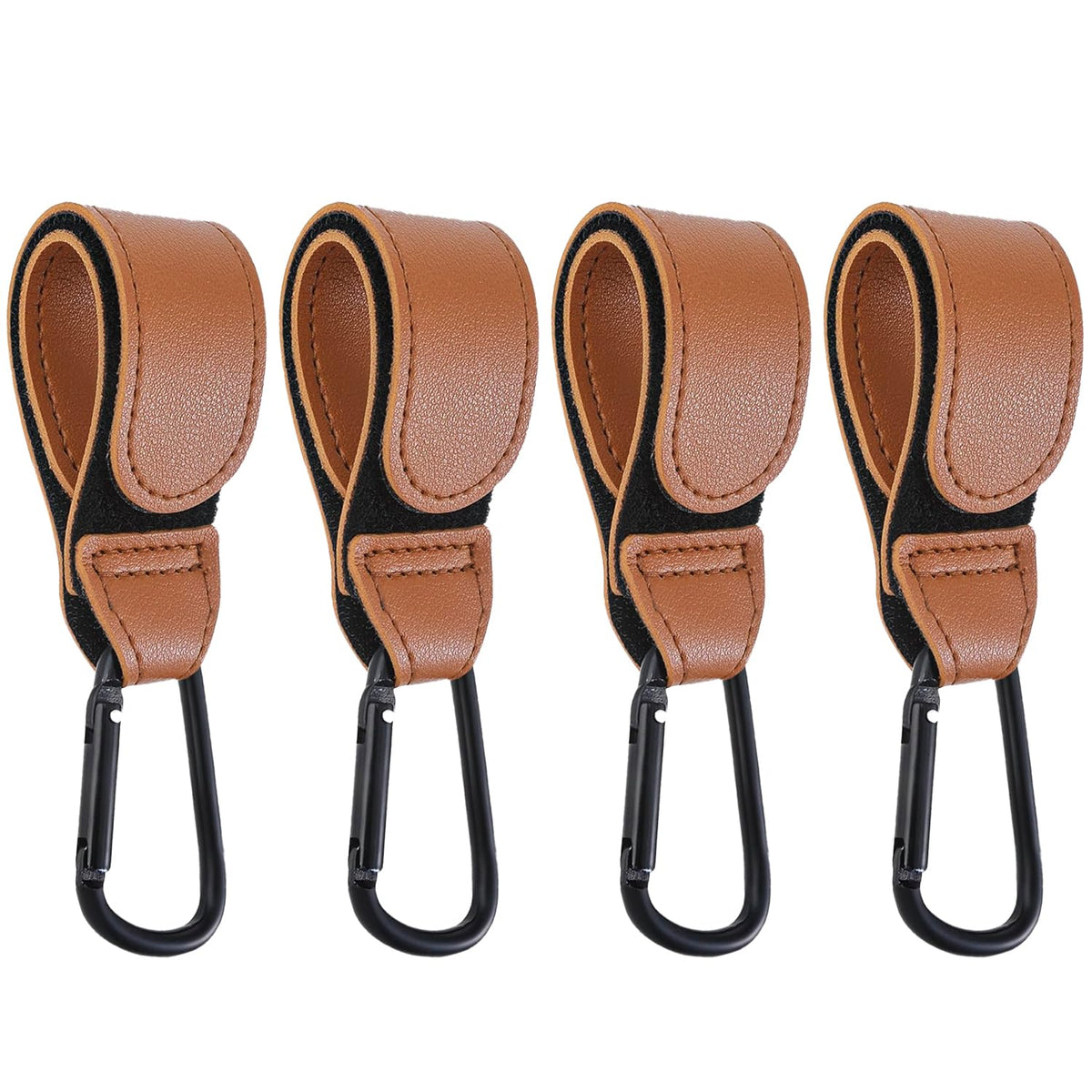 DEIHAALEN leather stroller hook 4pc set on brown handle for organized shopping.