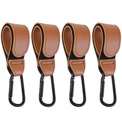 DEIHAALEN leather stroller hook 4pc set on brown handle for organized shopping.