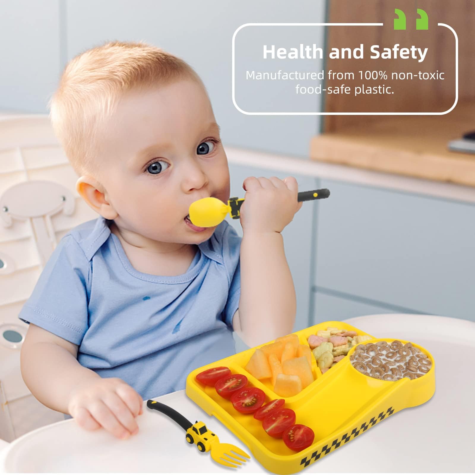 Deinyi Construction car-theme closeup highlights soft-grip handles for little hands.