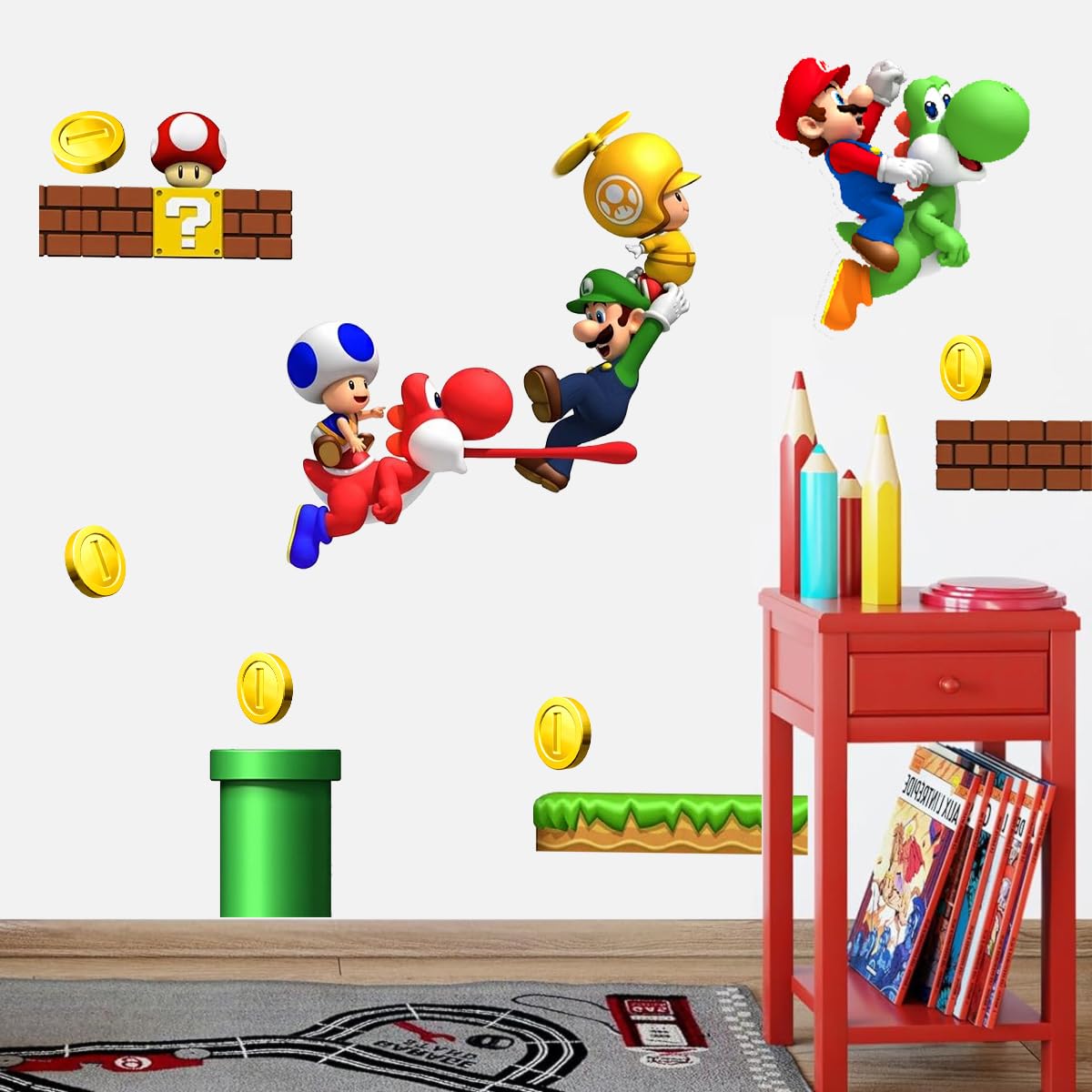DEKOSH Mario wall decal close-up shows colorful characters to brighten play spaces