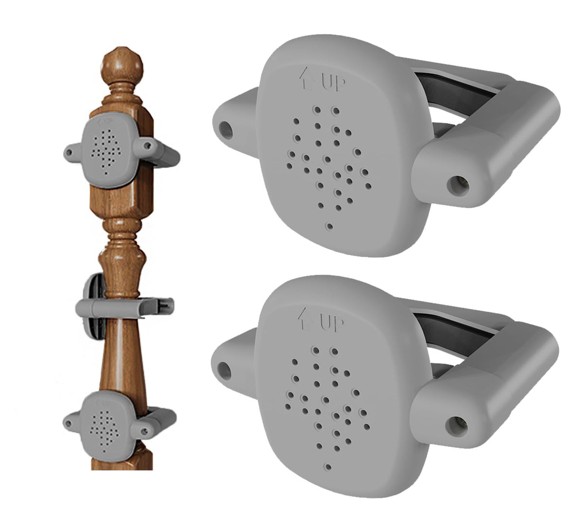 Della Stella banister adapter on round rail for damage-free gate mounting.