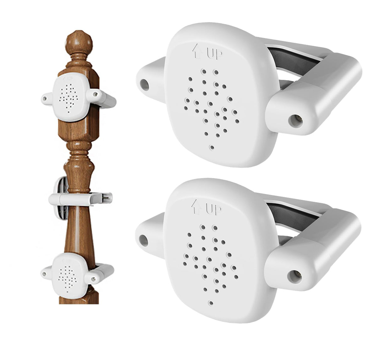 Della Stella bannister adapter set top view shows damage-free mounting for stair rails