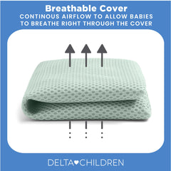 Delta Children breathable crib mattress pad cover elastic edges close-up demonstrating snug fit