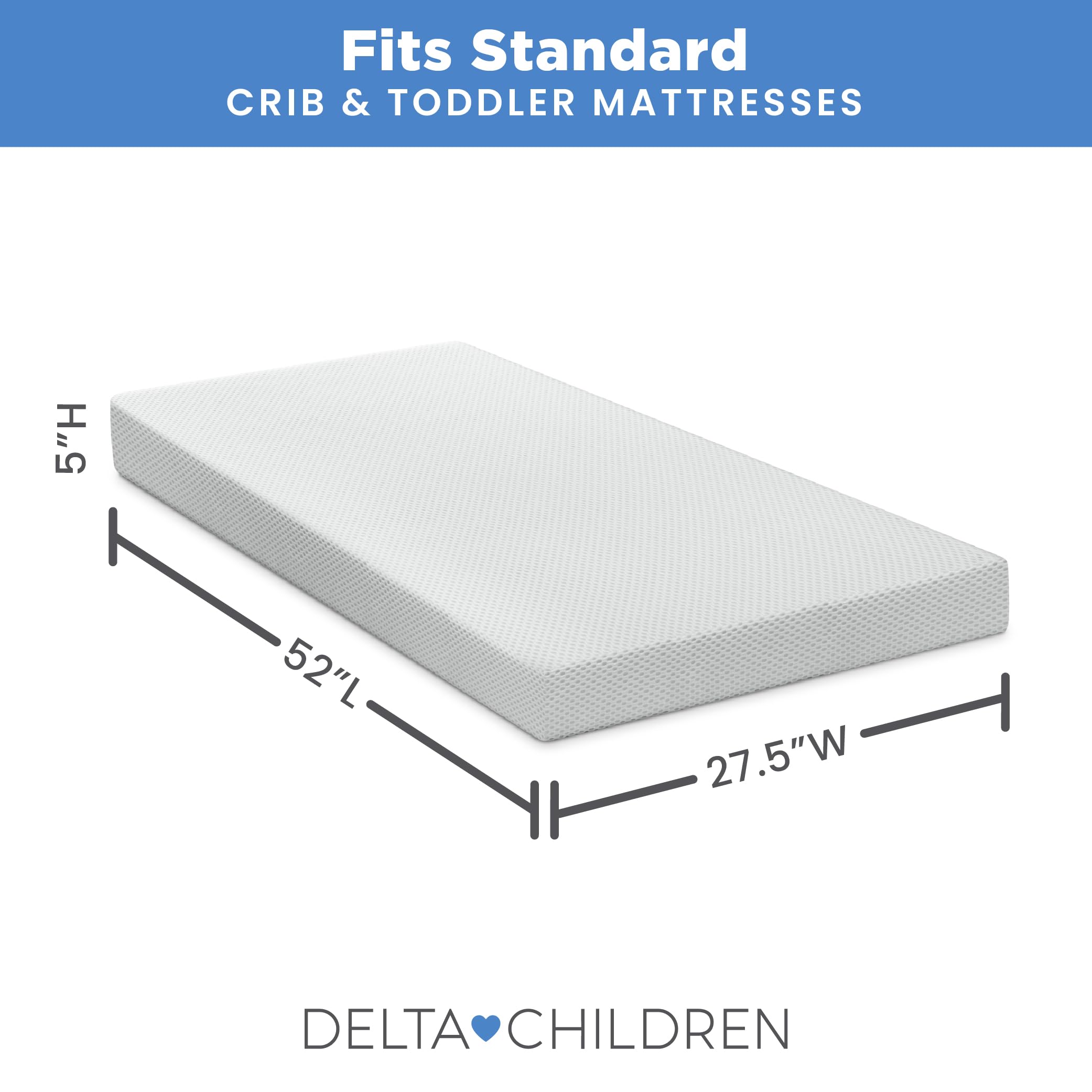 Soft, crinkle-free Delta Children pad resting softly on a crib.