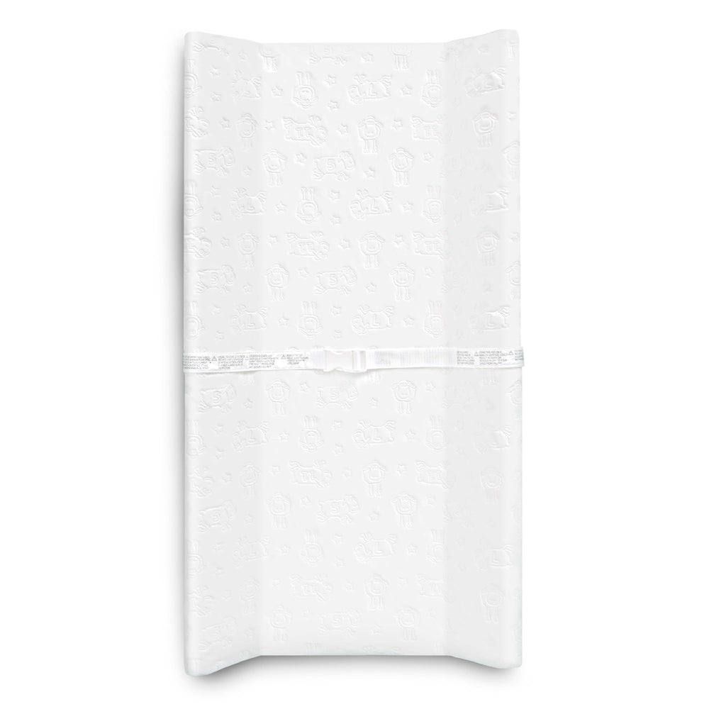 Delta Children Serta foam contoured changing pad on a dresser offers secure, wipe-clean comfort