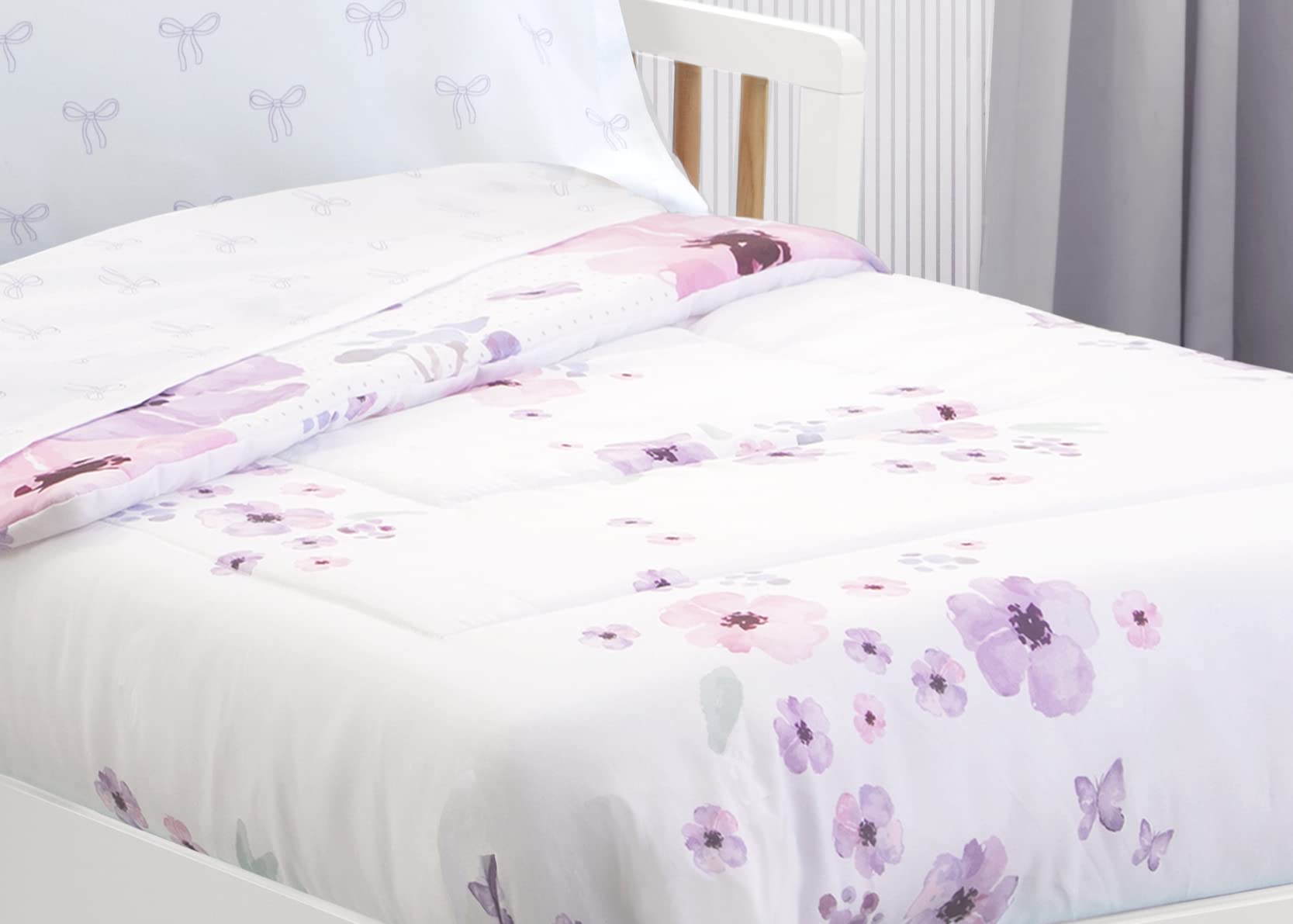 Delta Children purple bouquet close-up fabric shows soft polyester blend