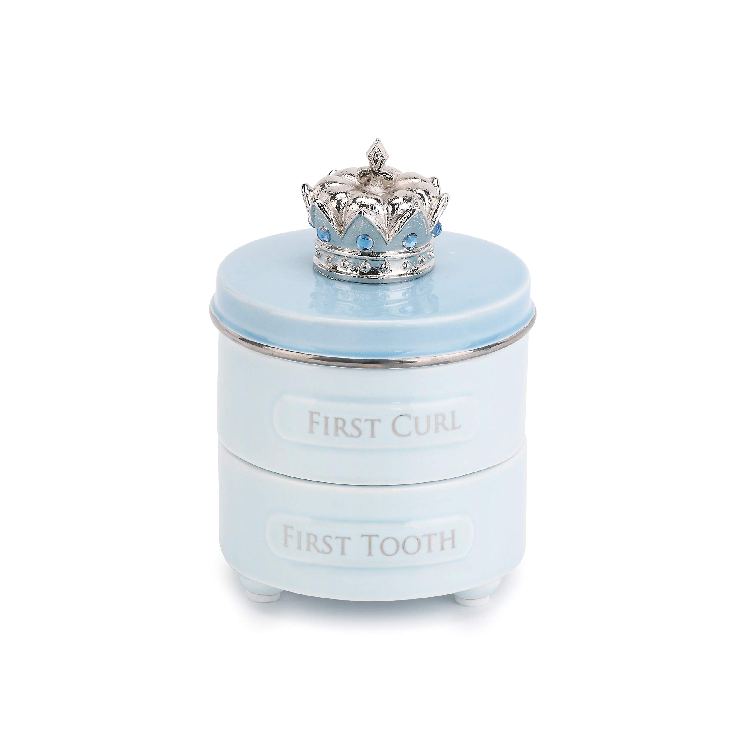 DEMDACO first tooth and curl keepsake box preserves baby memories in soft blue ceramic pewter.