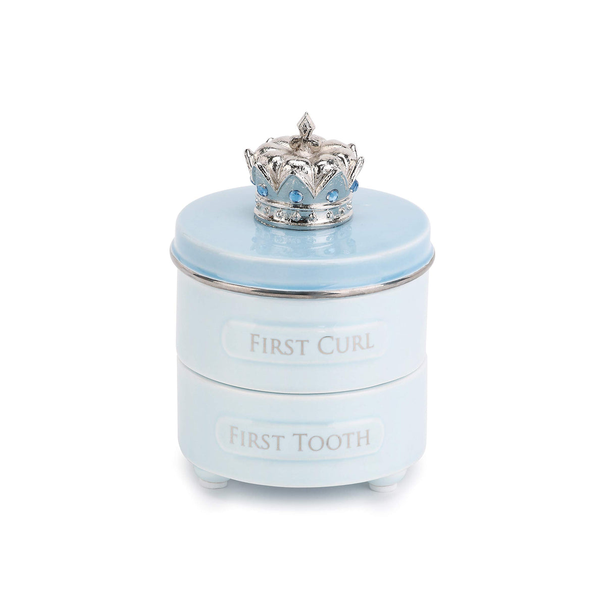 DEMDACO first tooth and curl keepsake box preserves baby memories in soft blue ceramic pewter.