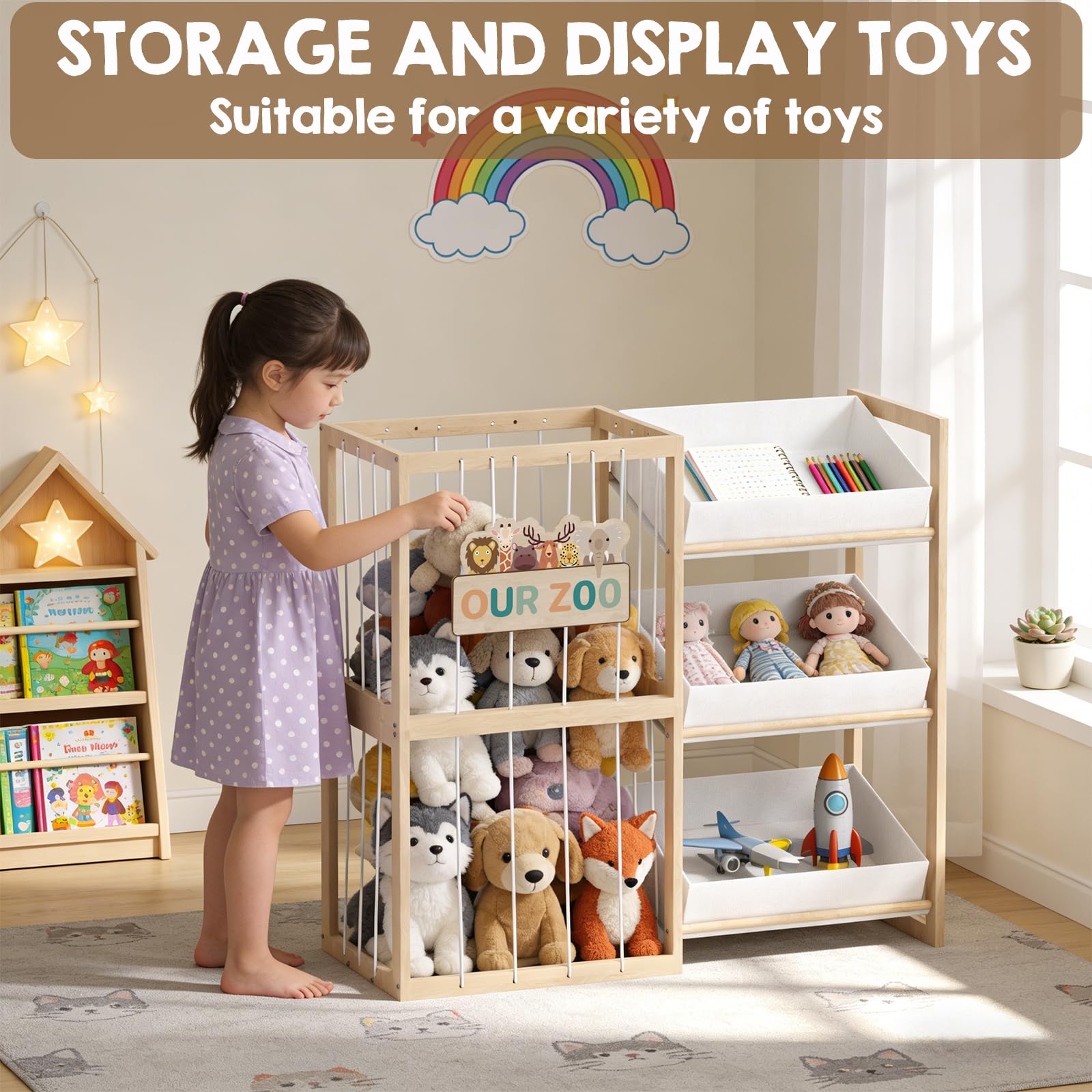 DEMEGA large-capacity toy bin stores books, plush, and figures.