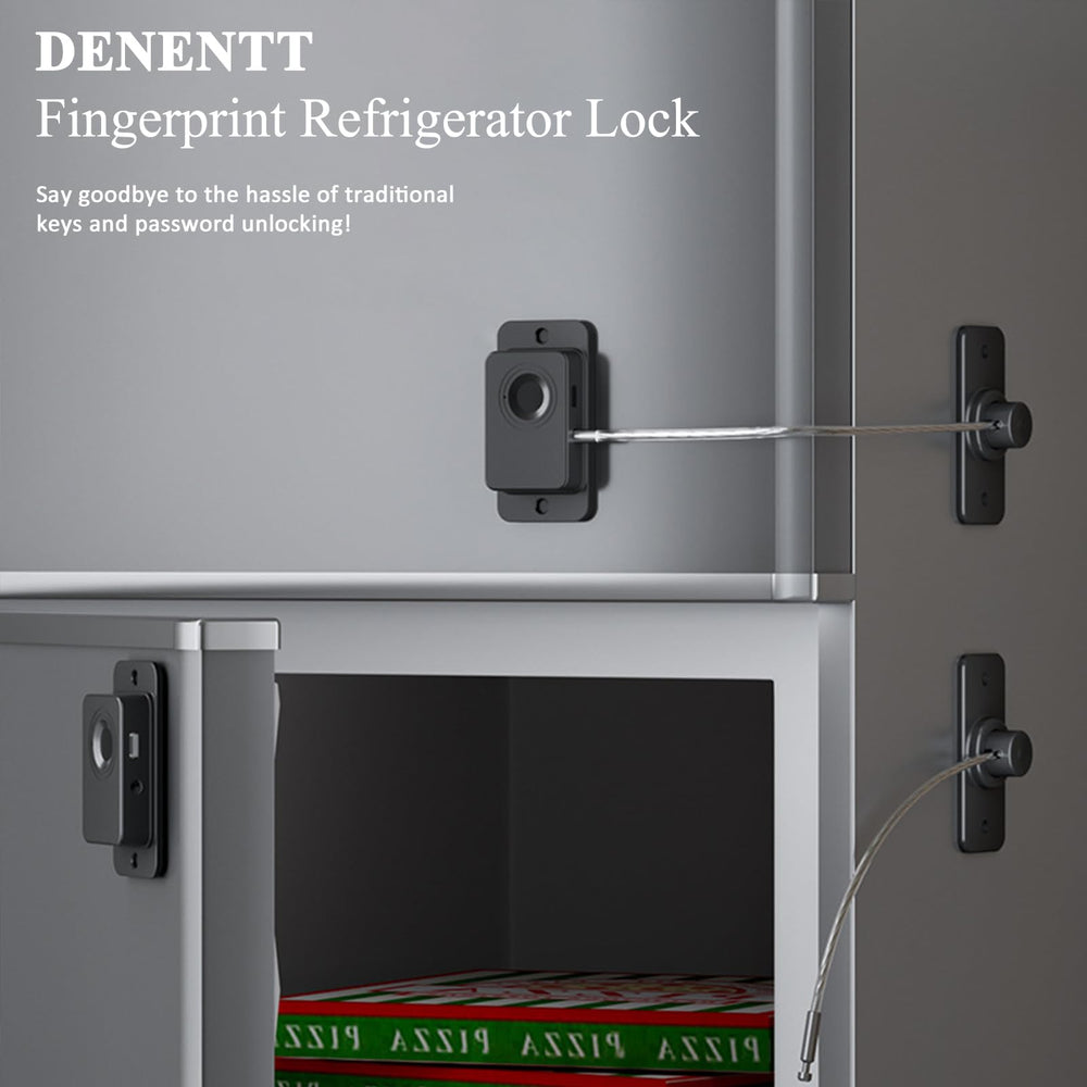 DENENTT no-drill adhesive refrigerator lock install: damage-free placement on cabinets and drawers.