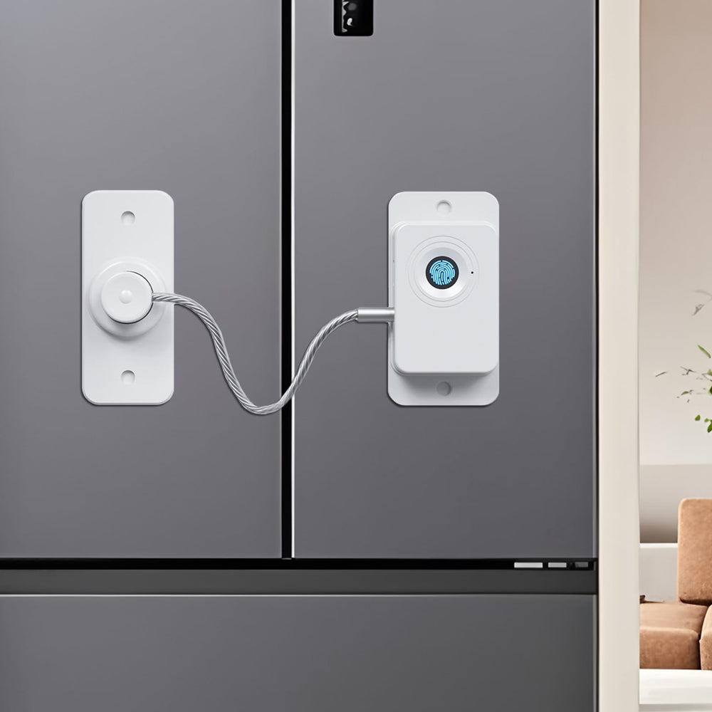 DENENTT smart fingerprint fridge lock mounted on a fridge for quick family access.