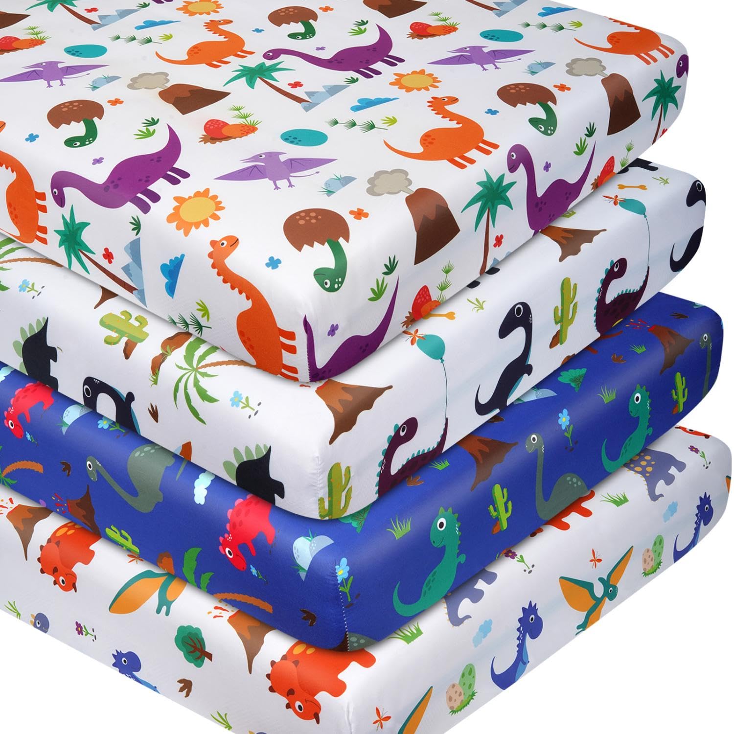 DengFengLai dinosaur crib sheet folded, showcasing soft microfiber for baby comfort.