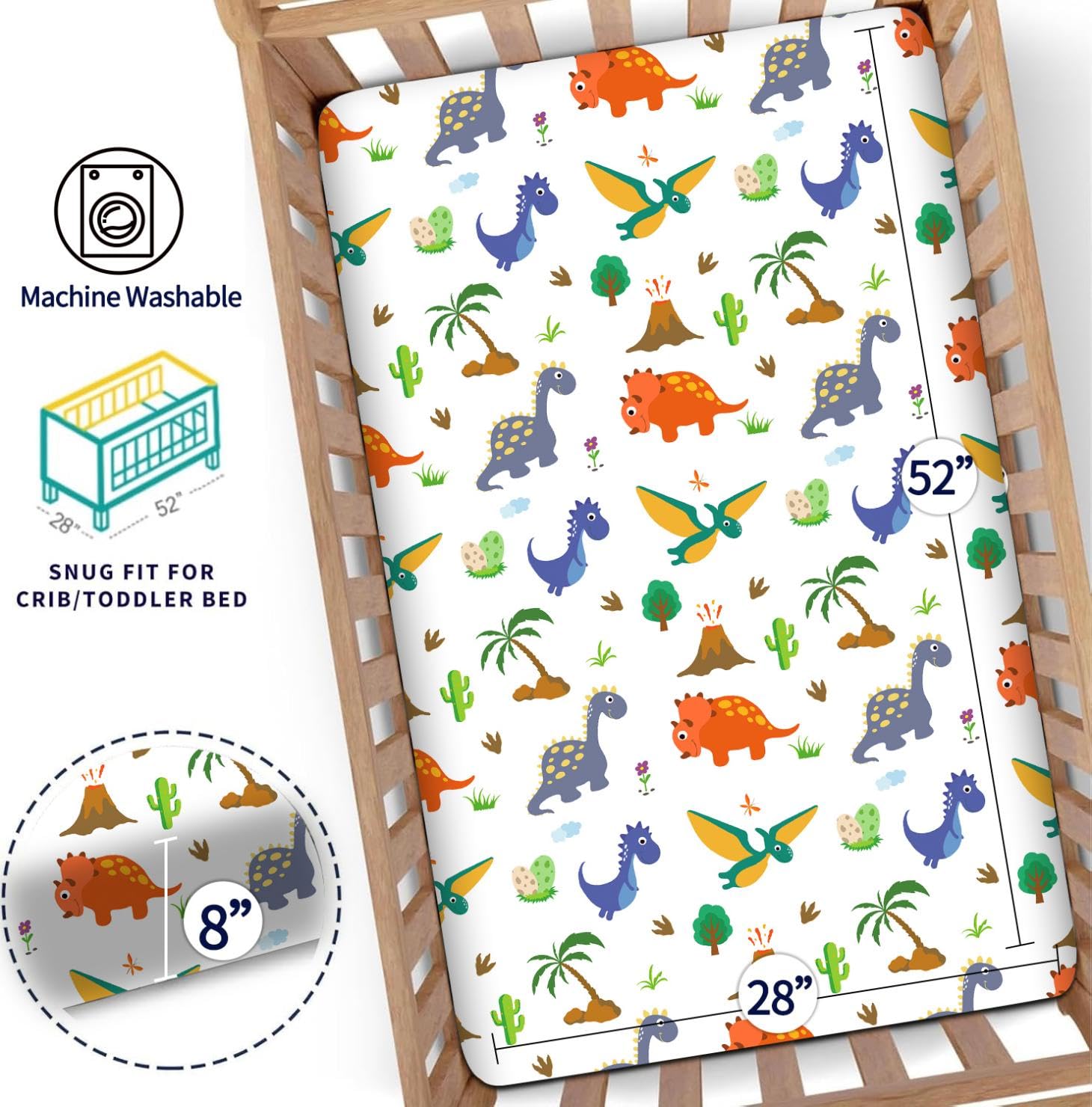 DengFengLai dinosaur crib sheet close-up, breathable fabric keeps baby cool.