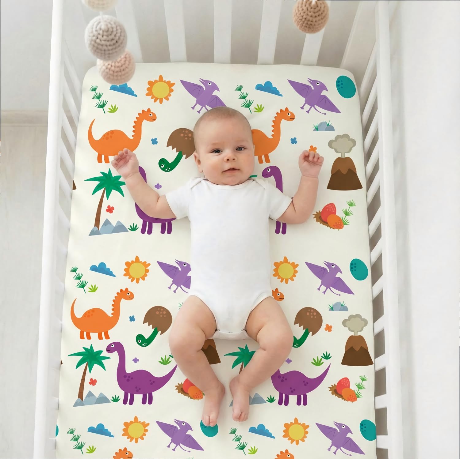 DengFengLai dinosaur crib sheet on crib mattress demonstrates easy care.