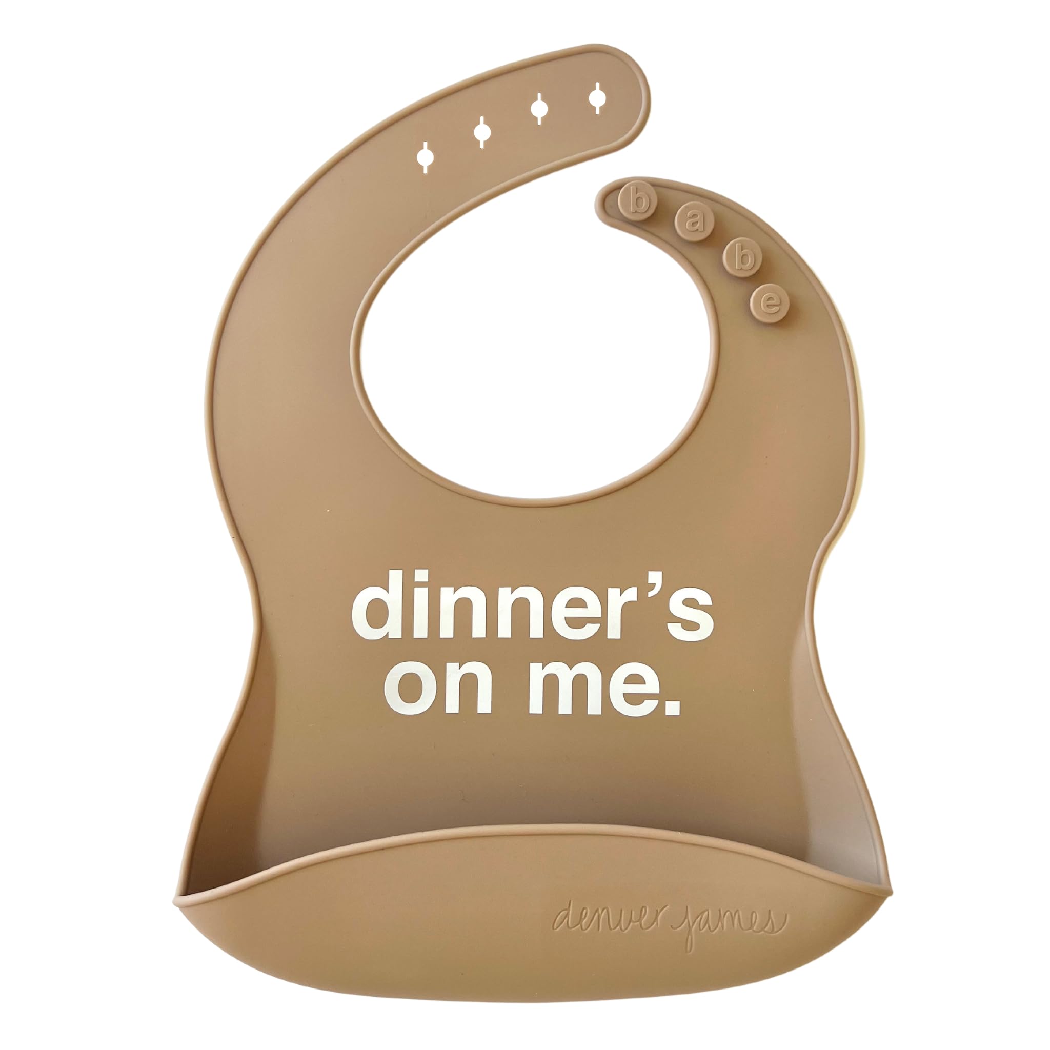 Denver James silicone bib soft on skin, protects outfits during meals.