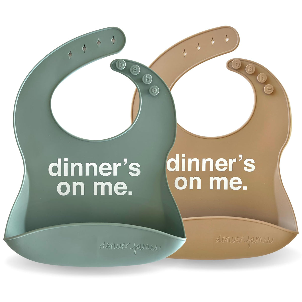 Denver James silicone feeding bib, dishwasher-safe, simplifies cleanup after meals.