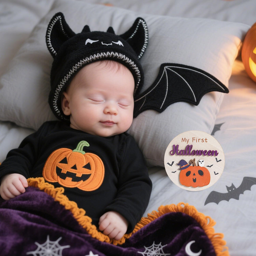 Deorfuy first holiday milestone card Halloween, adds cute contrast in photos.