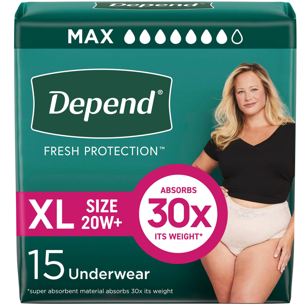 Depend Fresh Protection women's underwear in package showing discreet fit and pink packaging.