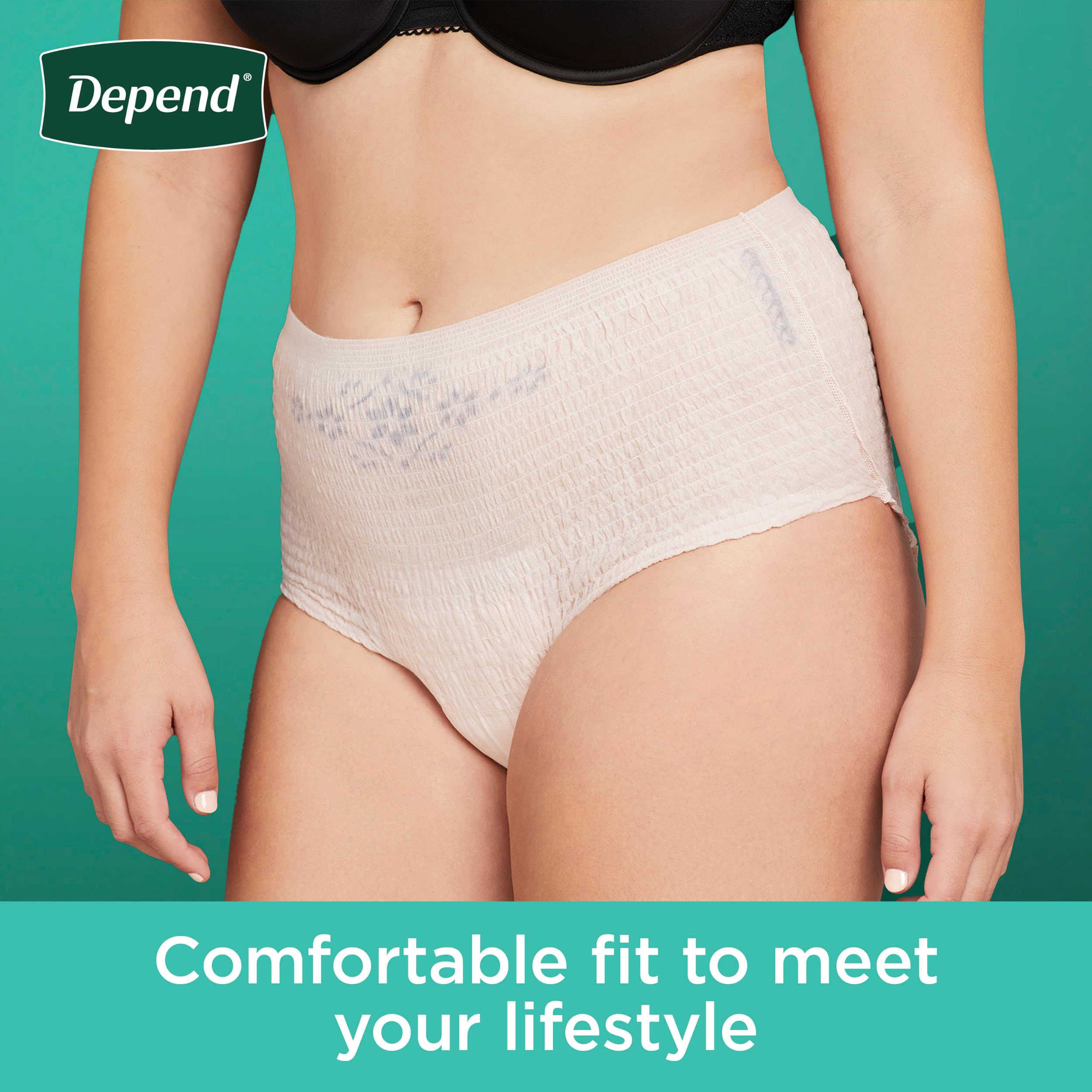 Depend Fresh Protection women's underwear with wicking action showing dry feel.